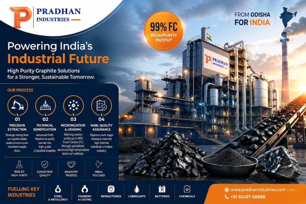 "Pradhan Industries corporate infographic highlighting 99% Fixed Carbon (FC) high-purity graphite solutions from Odisha for India. Detailed visual of the industrial processing facility and the NABL-certified testing standards for steelmaking and lubricant industries."