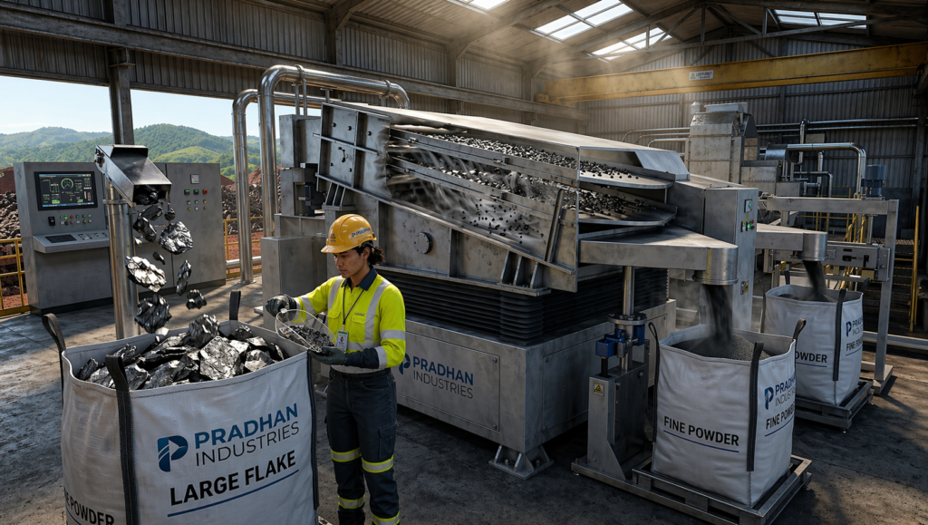 Graphite mesh size classification at Pradhan Industries, showcasing Large Flakes and Fine Powder products being sorted by industrial vibrating screens.