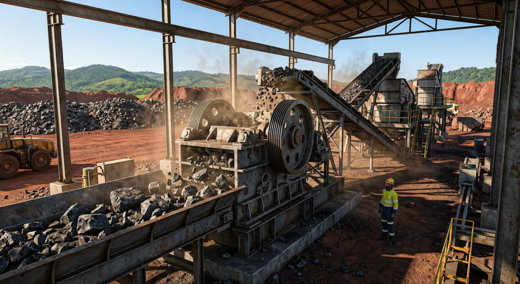 Industrial jaw crusher machine at Pradhan Industries mining facility in Odisha, processing raw graphite ore for high-purity production.