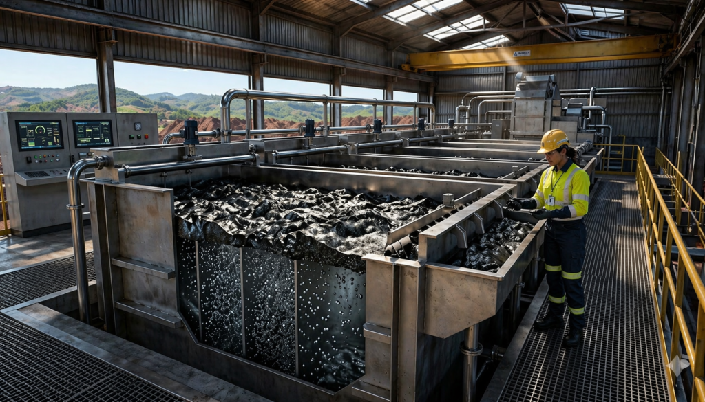 Froth flotation tanks at Pradhan Industries graphite processing plant, showing high-purity graphite foam separation for industrial manufacturing.