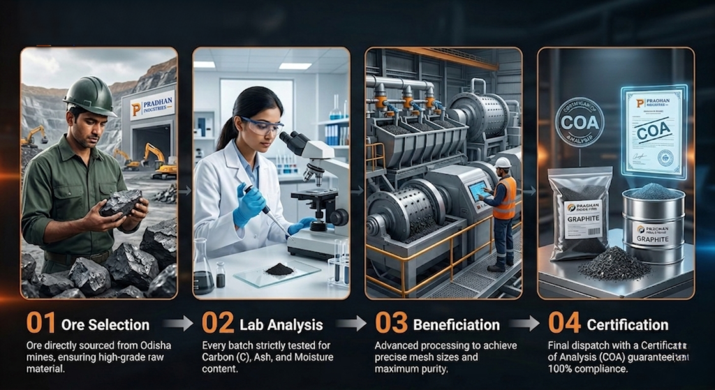 Step-by-step graphite manufacturing process at Pradhan Industries: From high-grade ore selection in Odisha to lab analysis, advanced beneficiation, and COA certification.