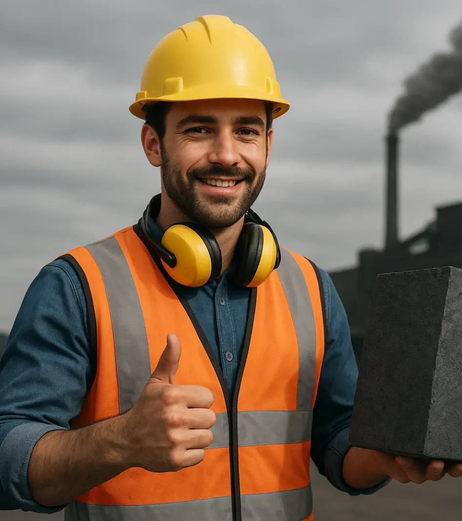 Pradhan Industries worker holding high-purity crystalline graphite in Odisha