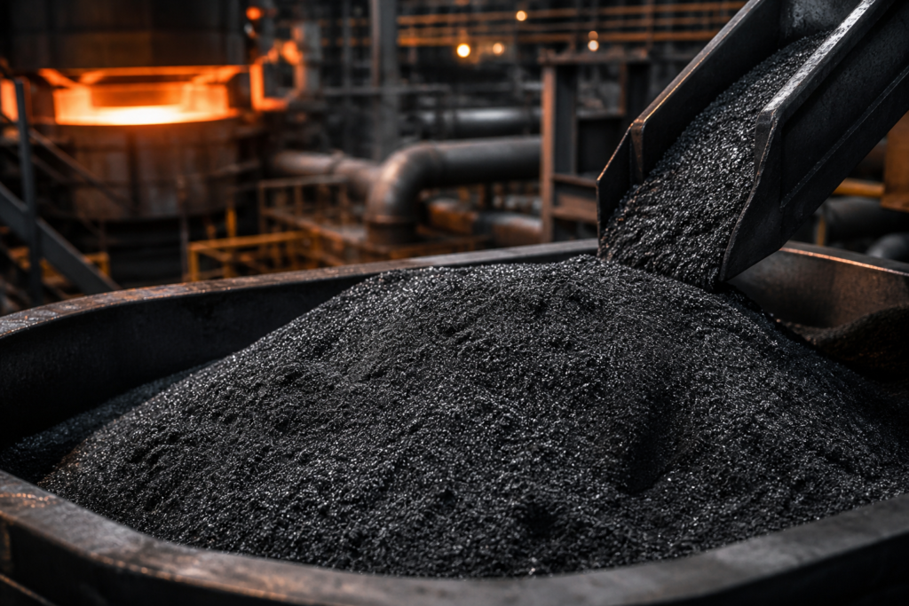 Close-up of black graphite powder being poured into a large container inside an industrial processing facility, with glowing furnace equipment in the background.