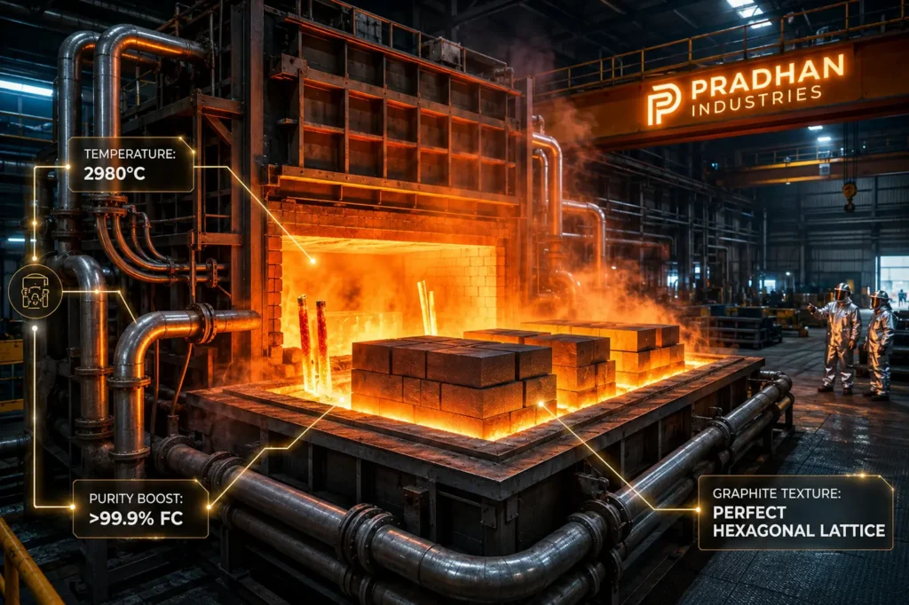 Ultra-high-temperature graphitization furnace at Pradhan Industries reaching 2980°C to rearrange carbon atoms into a perfect hexagonal lattice structure for maximum purity (>99.9% FC).