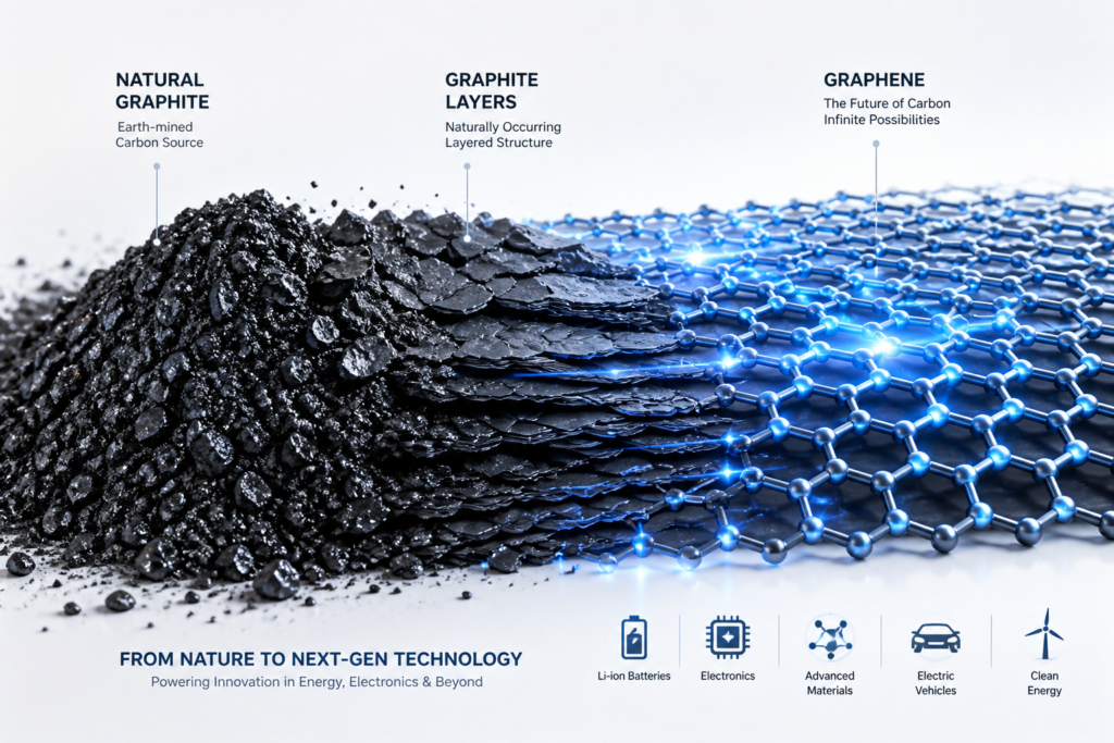 Infographic showing the transformation from natural graphite to graphene: a pile of raw black graphite, layered graphite sheets, and a glowing blue graphene lattice structure, highlighting applications in batteries, electronics, advanced materials, electric vehicles, and clean energy.