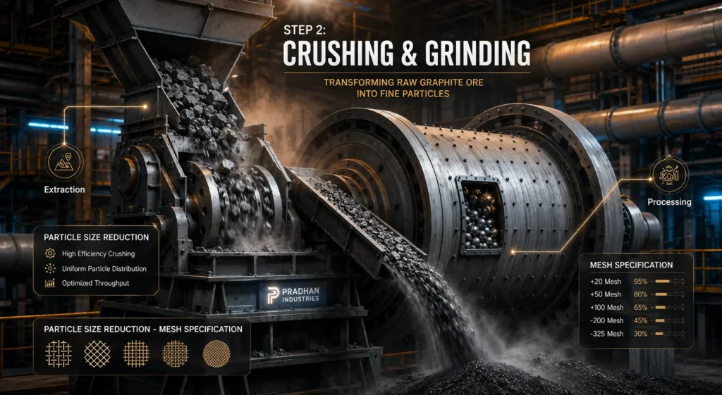 Step 2 of graphite manufacturing process: Pradhan Industries industrial jaw crusher and ball mill actively grinding natural ore into fine particles.