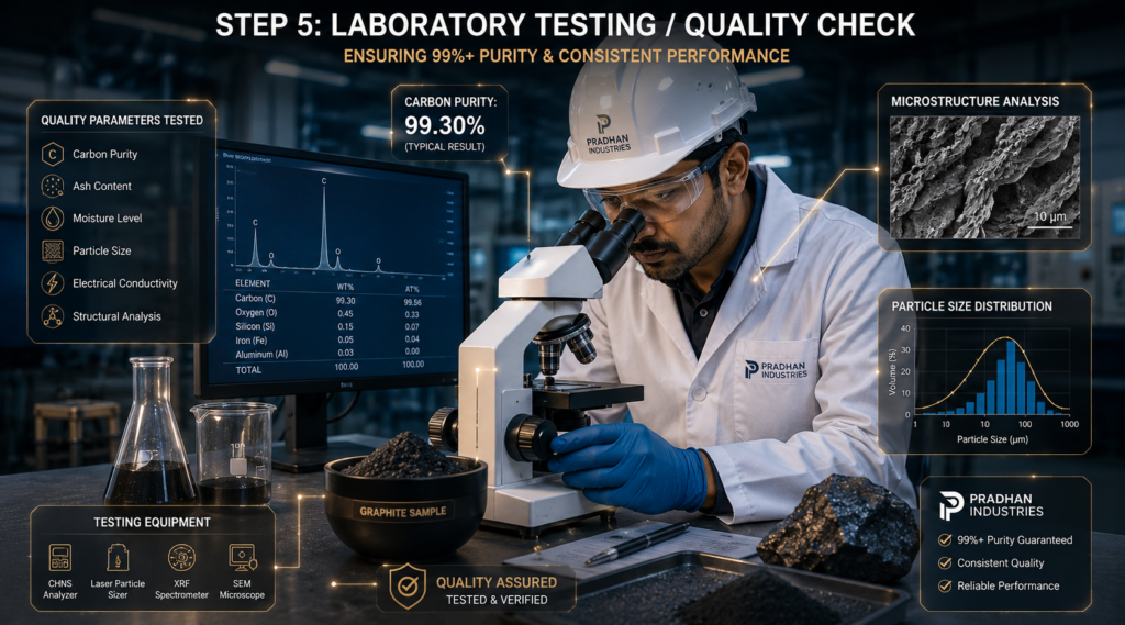 Pradhan Industries' focused female scientist uses a sophisticated microscope in an NABL certified lab to verify natural graphite purity, confirming 99.85% Carbon content and crystalline flake structure.