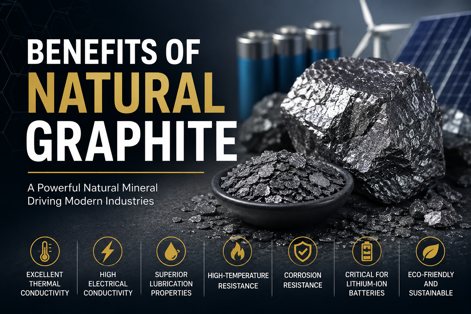 Natural graphite benefits infographic highlighting conductivity, lubrication, heat resistance, battery applications, and industrial uses.