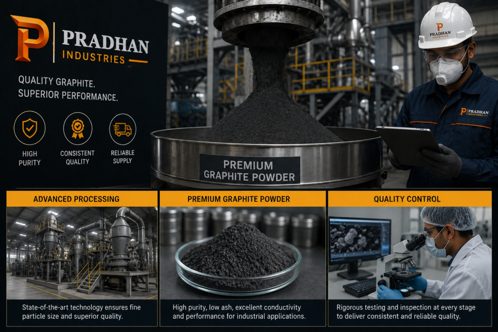 Graphite powder processing and quality control at Pradhan Industries.