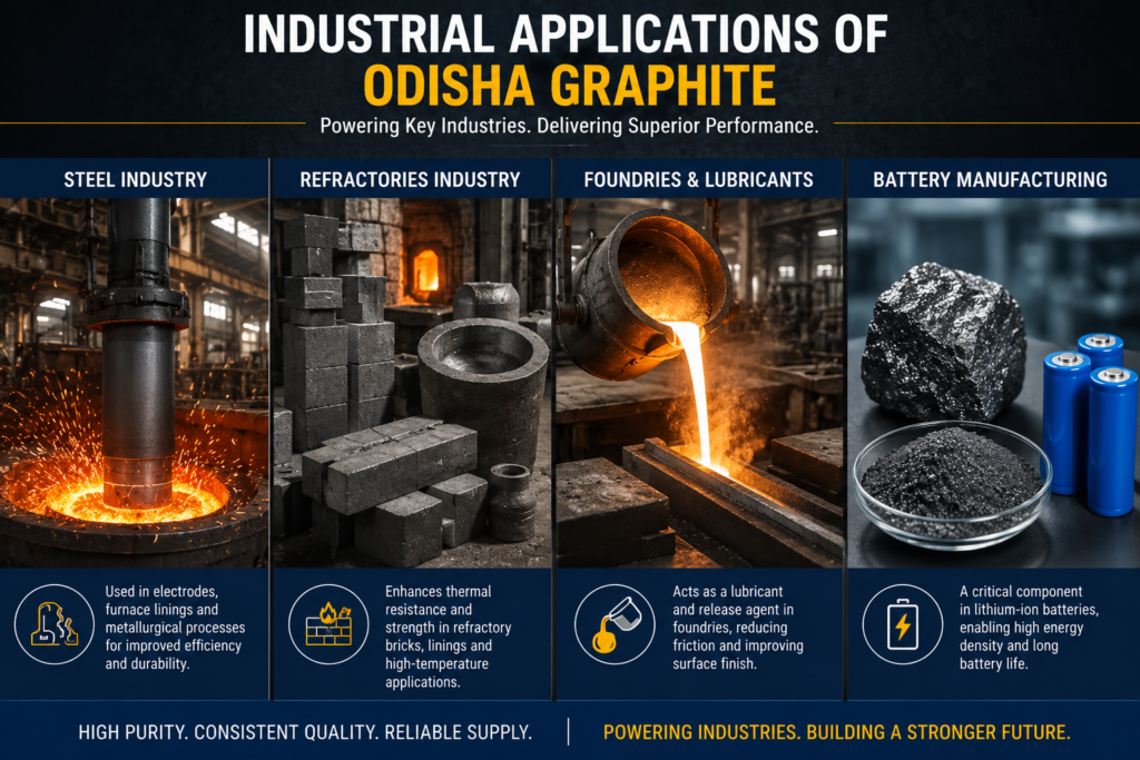 Industrial applications of Odisha graphite in steel, refractories, foundries, and battery manufacturing.