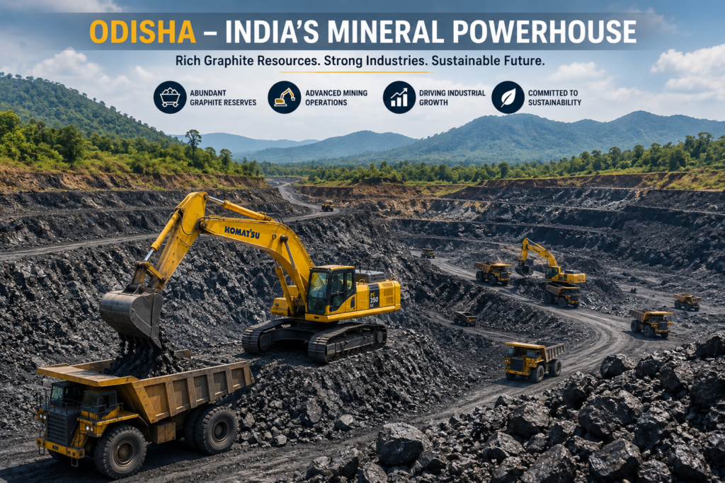 Open-pit graphite mining operation in Odisha, India, featuring excavators, dump trucks, and rich graphite deposits surrounded by green hills, highlighting Odisha's position as India's mineral powerhouse.