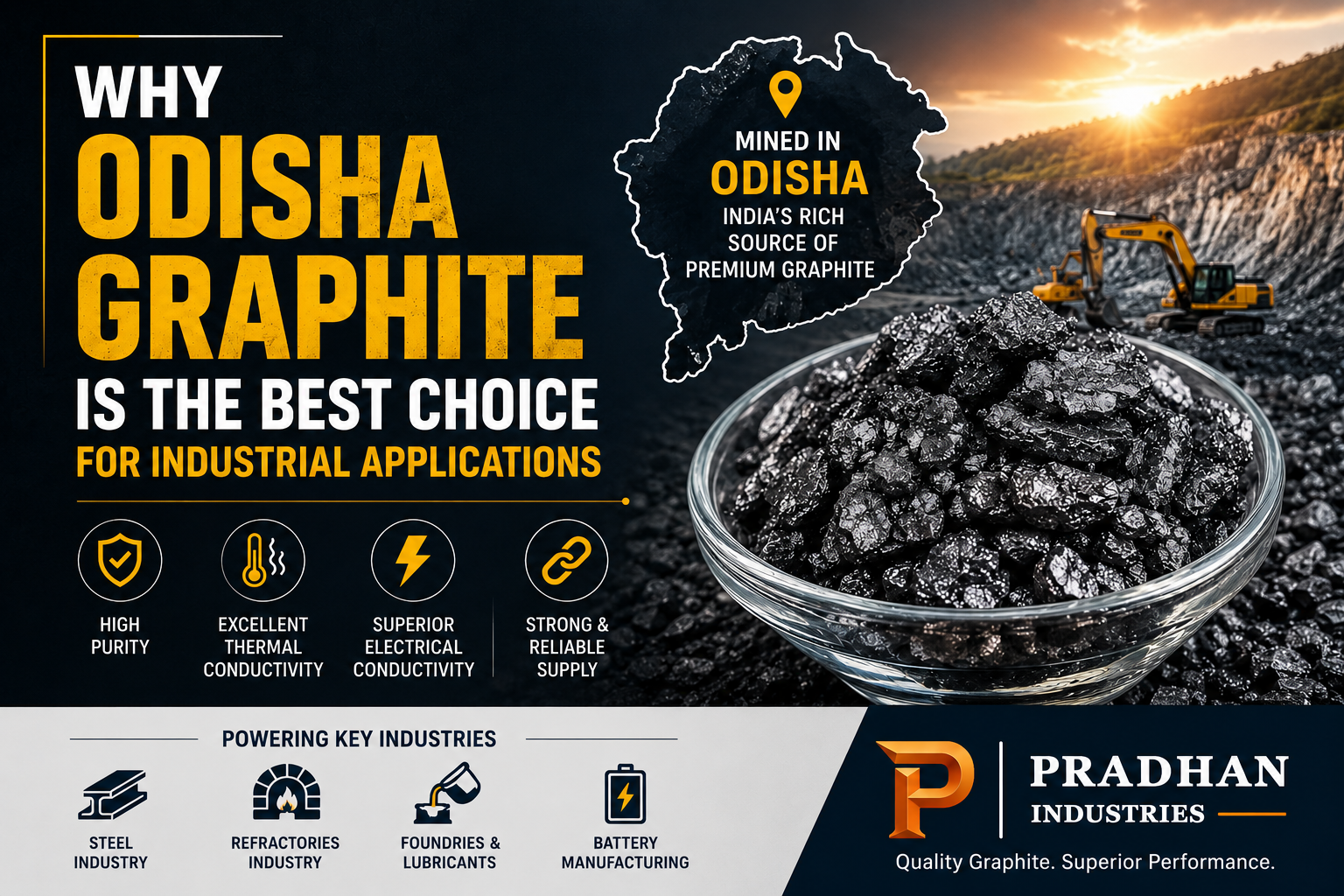 High-purity Odisha graphite ore for industrial applications by Pradhan Industries.