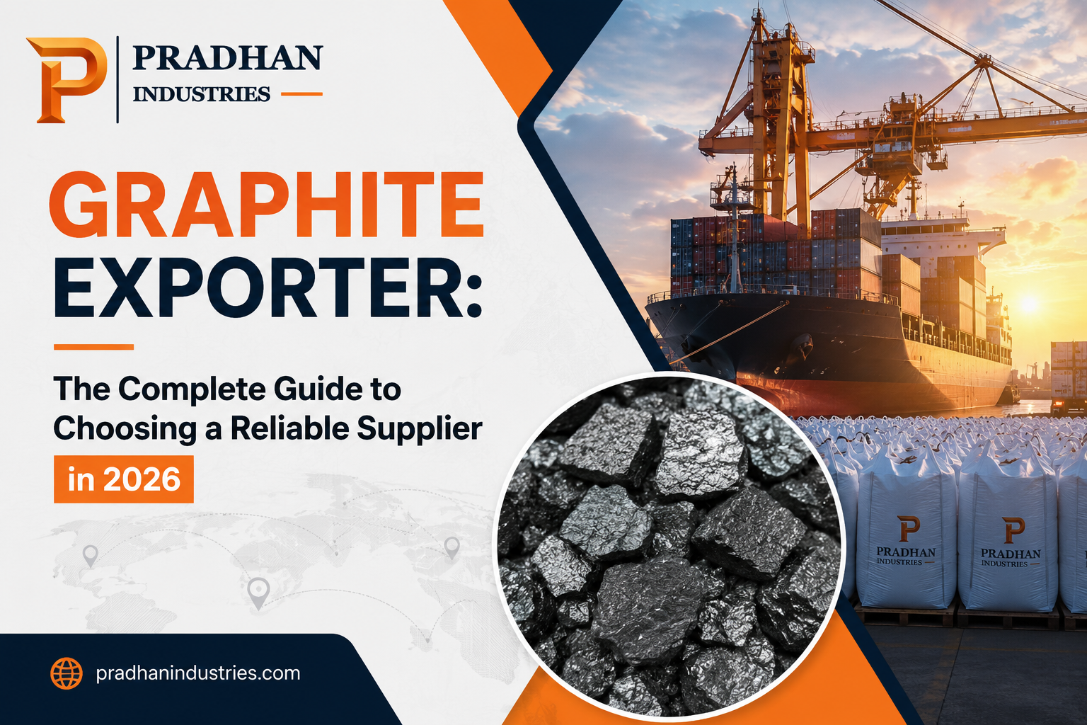 Graphite Exporter guide by Pradhan Industries featuring natural graphite, export packaging, and global shipping logistics