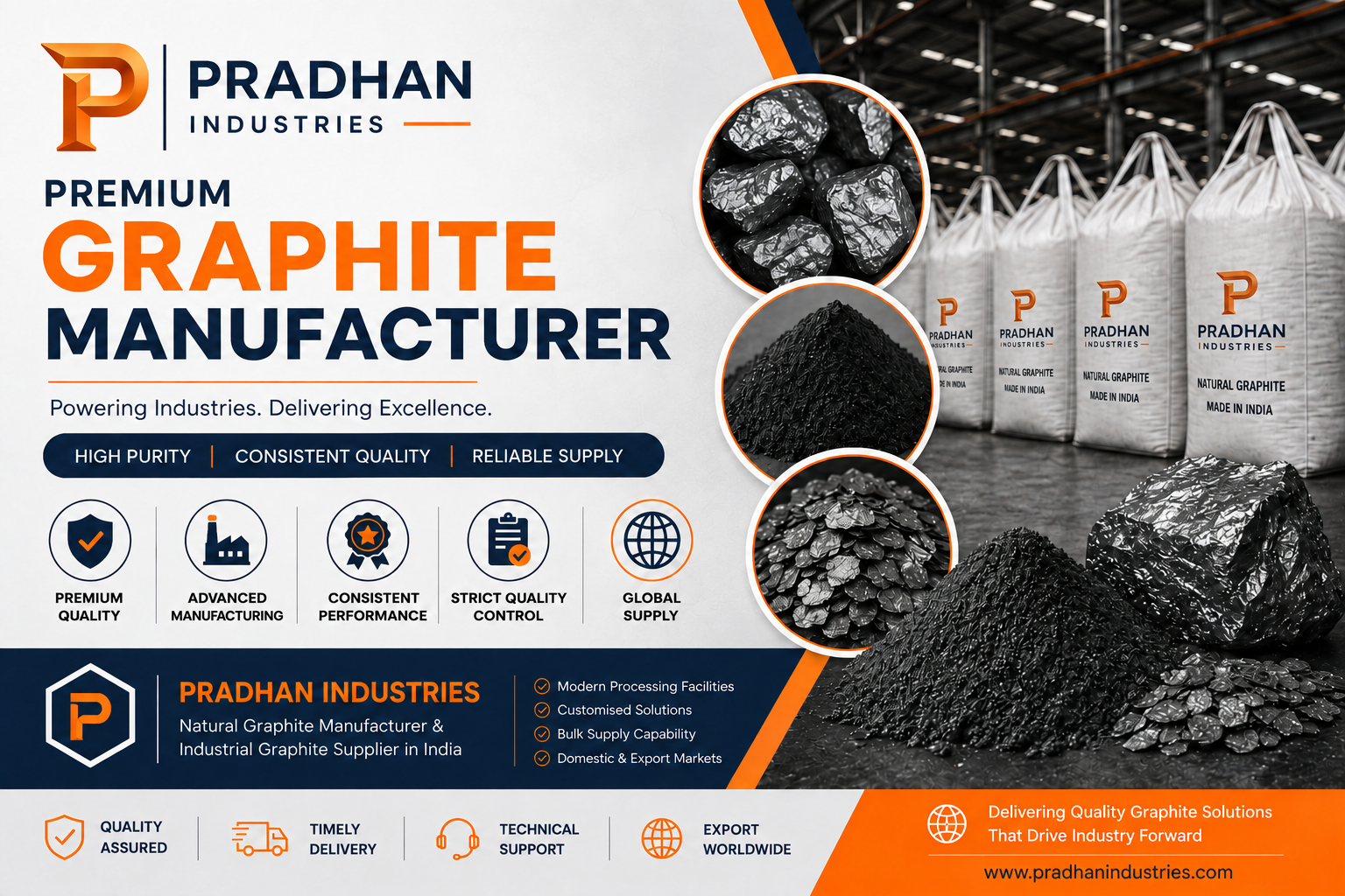 Industrial graphite supplier displaying bulk crystalline graphite flakes and powder for industrial use