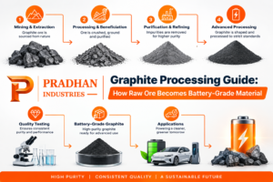 Pradhan Industries graphite processing workflow diagram from mine beneficiation to battery-grade SPG anode materials