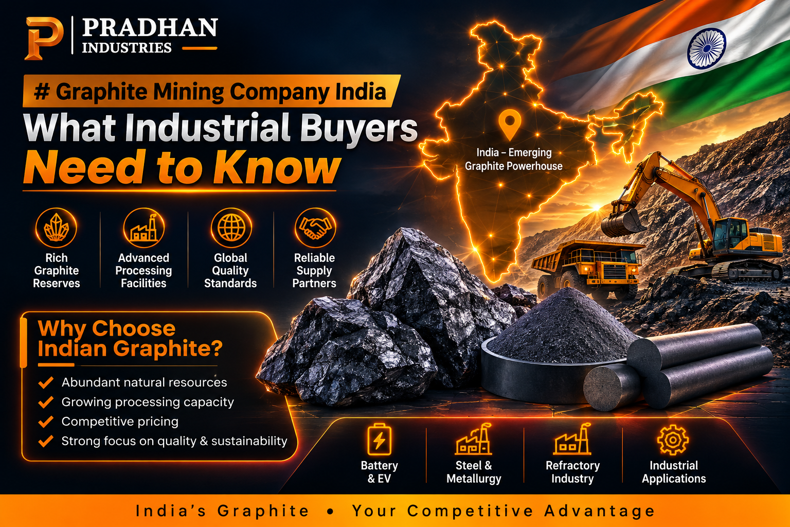 Graphite mining company India with graphite ore, mining equipment and industrial applications