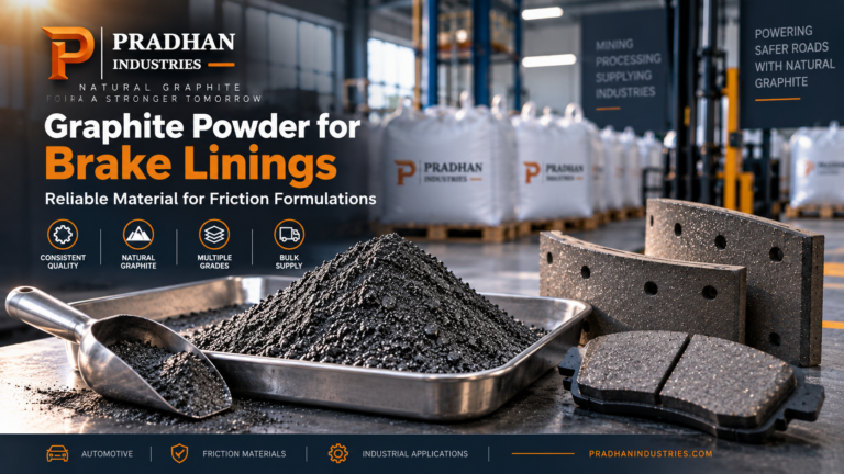 Graphite powder for brake lining in a steel tray with a scoop, shown with brake lining segments and brake pads at a Pradhan Industries facility