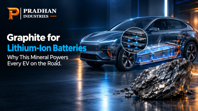 Graphite for lithium-ion batteries powering electric vehicles, featuring a transparent EV battery pack and natural graphite crystal | Pradhan Industries