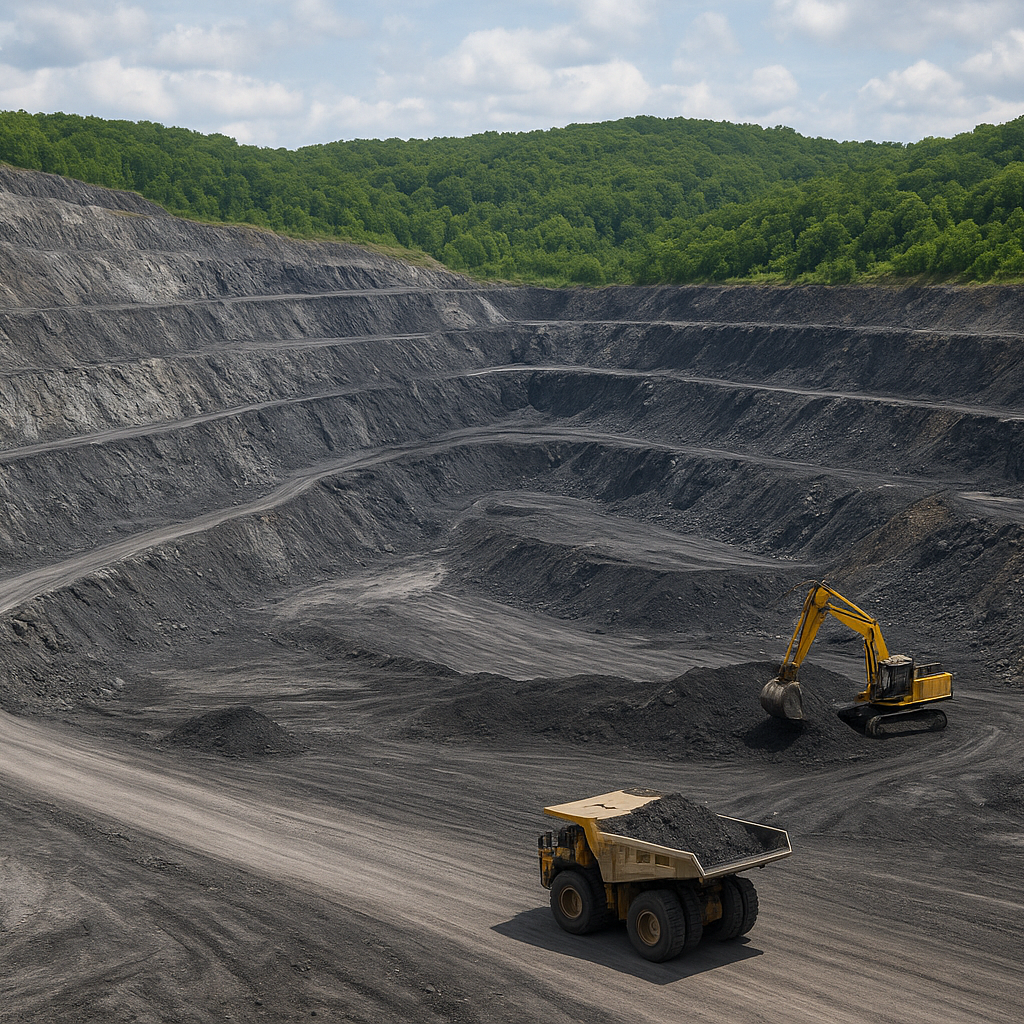 A realistic CGI image of a sustainable graphite mining site operated by Pradhan Industries, showing eco-friendly mining practices, clean equipment, and a natural landscape with greenery and clear skies — symbolizing the company’s commitment to environmental sustainability and compliance.